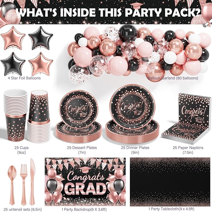 Ecomore 2026 Graduation Decorations - 245 PCS Grad Disposable Dinnerware(Serve 25) & Graduation Party Supplies With Congrats Paper Plate Cup Napkin Tablecloth Backdrop Balloon - Black Pink Rose Gold