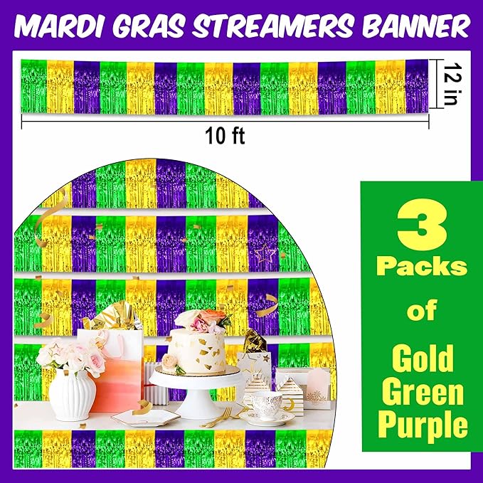 3 Pack 10 Ft Gold Green Purple Foil Fringe Garland Metallic Streamers Tinsel Banner Wall Hanging Garland Backdrop for Parade Floats, Halloween, Christmas, Thanksgiving, New Year Party Decorations