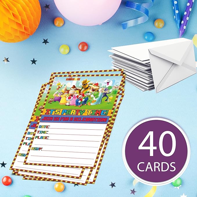 Set of 40 Invitation Cards Classic Video Game -Themed Happy Birthday Invitation Cards - Lightweight (230g), Postcard Style Invites for the Perfect Party Pack