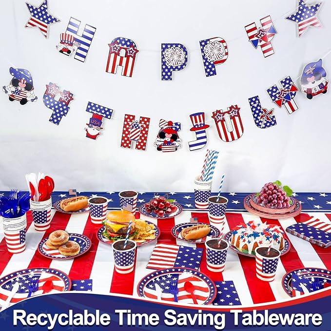 244PCS 4th of July Decorations Patriotic American Flag Party Supplies - Serve 30 - Tablecloths,4th of July Disposable Paper Plates Cups Napkins Cutlery Forks Spoons Straws,Banner Red White Blue Decor