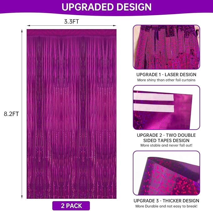 2 Pack 3.3 x 8.2 ft Tinsel Foil Fringe Curtain Backdrop, Upgraded Purple Glitter Metallic Streamers Backdrop Curtains for Birthday, Mermaid, Butterfly, Star, Space Galaxy Themed Party Decorations