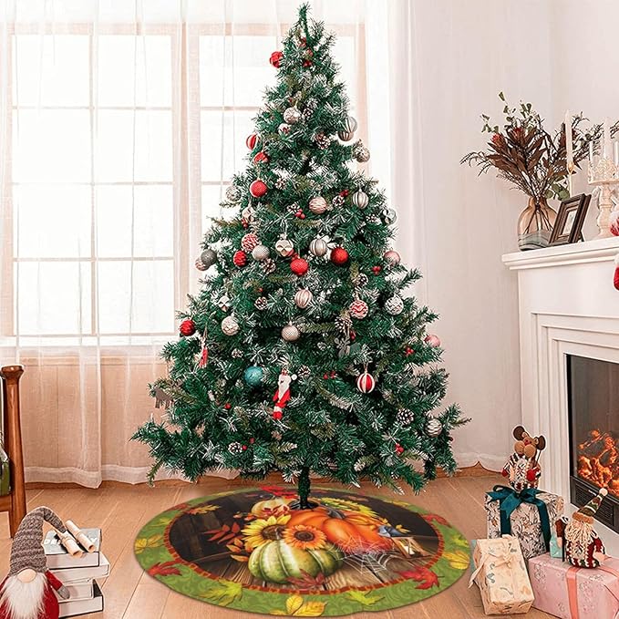 Fall Tree Skirt 48 inch, Thanksgiving Halloween Christmas Tree Skirts Ornaments Decorations, Pumpkin Maple Leaf Spider Web Design for Xmas Party Indoor Outdoor Decor