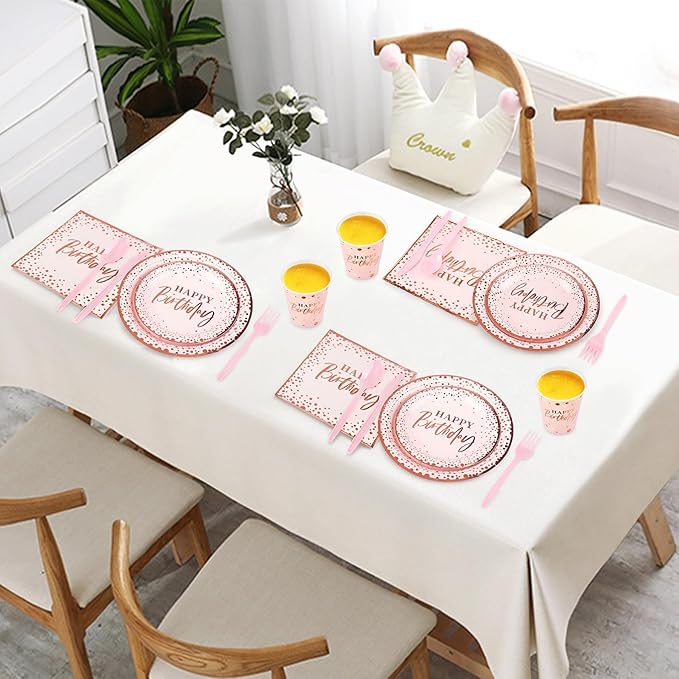 Pink and Rose Gold Happy Birthday Party Plates Set, 168PCS Dots Paper Plates Napkins Cups and Pink Cutlery, 24 Set Disposable Tableware for Birthday Baby Shower Party Decorations
