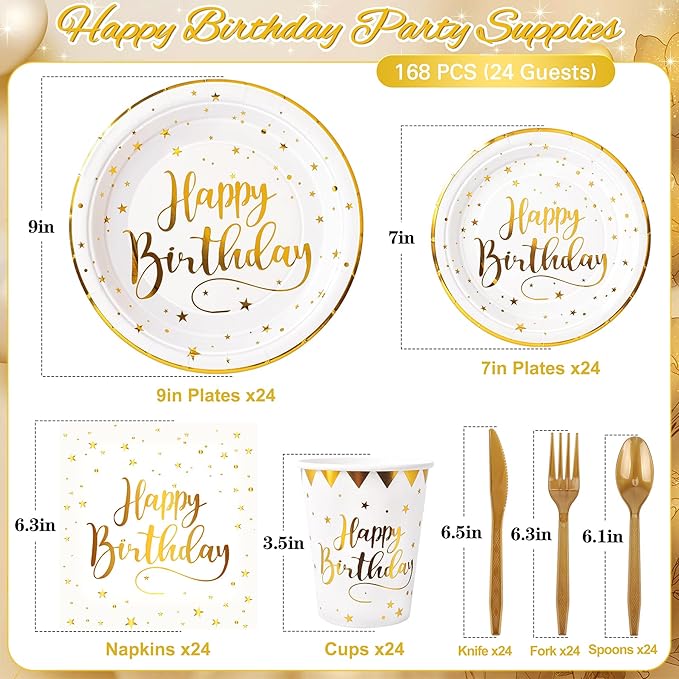 White and Gold Happy Birthday Party Plates Set, 168PCS Stars Dots Paper Plates Napkins Cups and Gold Cutlery Set, 24 Set Disposable Tableware Set for Birthday Party Decorations