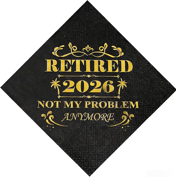 Retired 2026 Cocktail Napkins, 50 Pack 3-Ply Retirement Party Decorations Supplies, Black & Gold Disposable Napkins for Farewell,Coworker Goodbye & Going Away Celebration (5"x5")