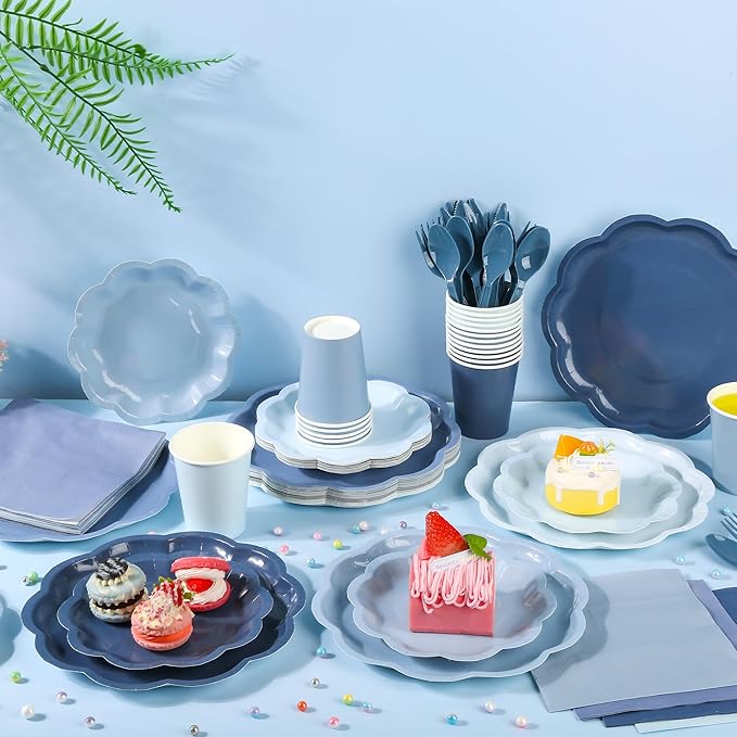 168 Pcs Dusty Blue Paper Plates and Napkins 24 Guests Gradient Scalloped Disposable Tableware Party Supplies Set for Baby Shower Wedding Birthday Garden Tea Party (Dusty Blue)