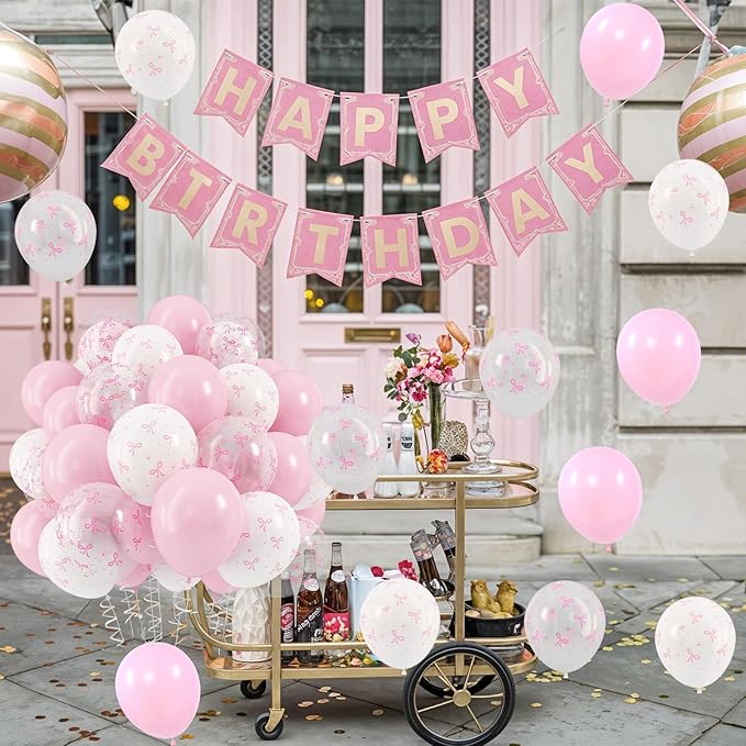 Pink Bow Balloons, 12 Inch Pastel Light Pink Transparent White Bow Print Coquette Balloon for Girls Women Birthday Bachelorette Party Bridal Baby Shower Wedding Anniversary Decorations Supplies