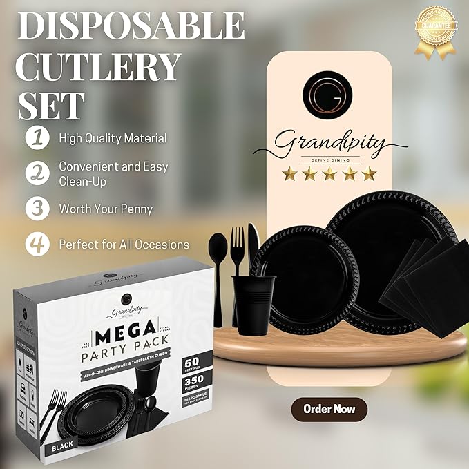 Grandipity 350 Piece Black Dinnerware Set, 50 Guests Plastic Party Plates, Cups, Napkins, Forks, Knives & Spoons