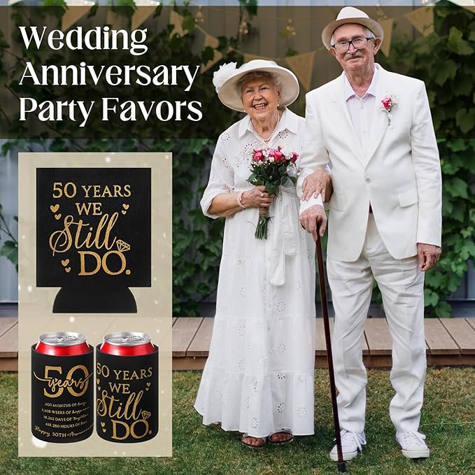 25 Pcs 50th Anniversary Can Sleeve for Guests 50 Years We Still Do Can Birthday Neoprene Cooler Sleeves 50th birthday party Gift Wedding favors for Women Men