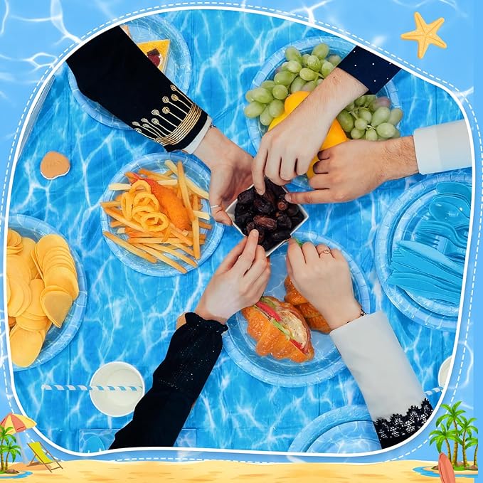 Ceenna 452 Pcs Ocean Waves Party Decorations for 50 Guest, Under The Sea Pool Paper Plates Napkins Cups Tablecloth Cutlery Straw for Summer Blue Ocean Water Beach Birthday Baby Shower Party Supplies