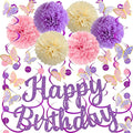 Pink Purple Birthday Decorations, Happy Birthday Banner and Paper Pompoms, Hanging Swirls, Circle Dots Garland, Butterfly Stickers Cake Toppers for Girls Women Party Decorations