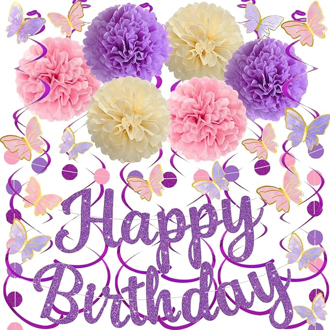 Pink Purple Birthday Decorations, Happy Birthday Banner and Paper Pompoms, Hanging Swirls, Circle Dots Garland, Butterfly Stickers Cake Toppers for Girls Women Party Decorations