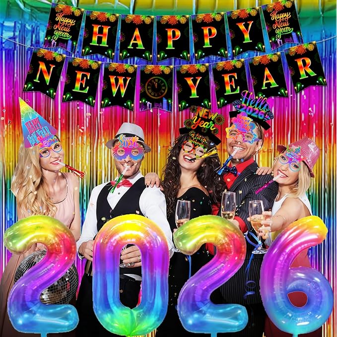 New Years Eve Party Supplies 2026 New Year Party Decorations Happy New Year Banner 2026 Foil Balloons Colorful Fringe Curtain Glasses Headbands Hats Noisemakers Wrist Wreaths New Year's Party Favors