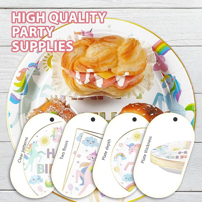 96Pcs Magical Pastel Unicorn Birthday Party Decorations 350 GSM Colorful Rainbow Unicorn Plates and Napkins Tableware Sets for Girls Baby Shower Birthday Party Supplies Serves 24