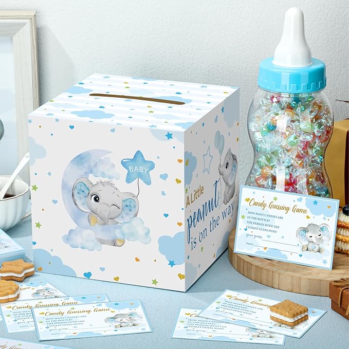 Glenmal 52 Pcs Baby Shower Games Gift Sets Large Baby Bottle for Shower Game Guess How Many Candies Decorations for Gender Reveal(Blue Elephant)