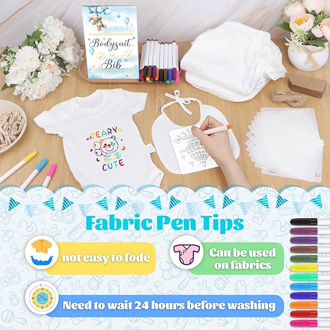 201 Pcs Baby Shower Set Baby Shower Game Sign Baby Bib Bodysuit White Baby Bib Newborn Bodysuit Baby Shower White Decorating Kit(New Blue Bear)