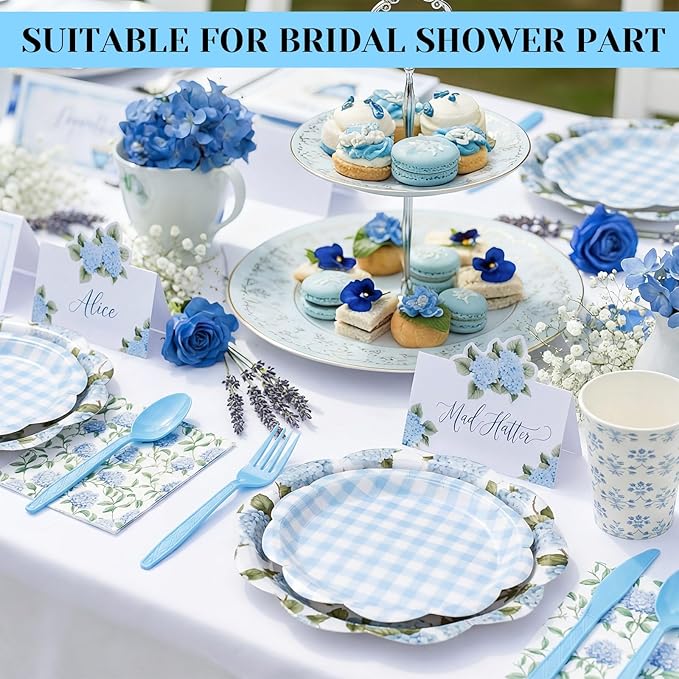Shellwei 410 Pcs Blue Hydrangea Tea Party Decorations Elegant Floral Paper Plates and Napkins Set Disposable Party Tableware Sets with Cups Knives Forks Spoons Seat Card Favors for 50 Guests
