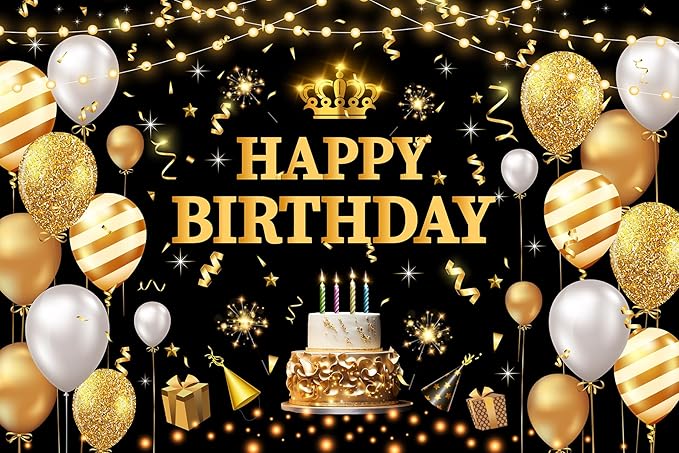 YinQin 180x120 cm Glitter Black Golden Happy Birthday Party Photo Backdrops Cloth 71x47 inch Bday Photography Backgrounds Shiny Black Gold Happy Birthday Sign Banner Decorations for Women Men