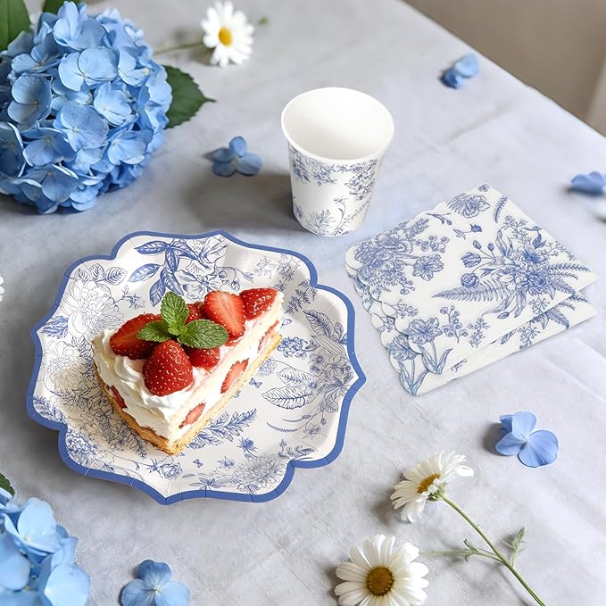 96pcs Blue and White Floral Paper Plates - Blue Flower Party Plates, Cups and Napkins Serve for 24 Baby Shower Spring Garden Birthday Wedding Tea Party Supplies Decorations