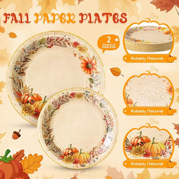 Honeydak 210 Pcs Fall Party Supplies for 30 Guests, Includes Plates, Cups, Napkins, Cutlery - Autumn Pumpkin Maple Tableware Decoration for Thanksgiving, Fall Harvest Party