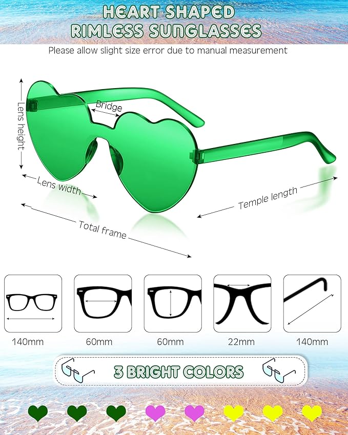 Frienda 8 Pairs Heart Shaped Sunglasses for Women Rimless Heart Glasses Candy Color Sunglasses for Party Favor