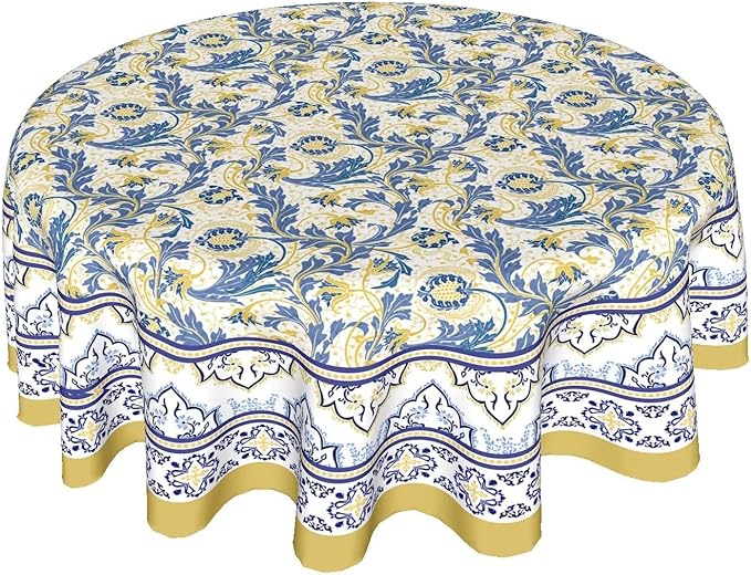Yellow and Blue Floral Tablecloth Round 60 Inch Farmhouse Boho Tablecloth Spring Summer Fabric Table Cloth With Wrinkle Resistant For Kitchen Holiday Picnic Party Dinner Room Indoor Outdoor Decor