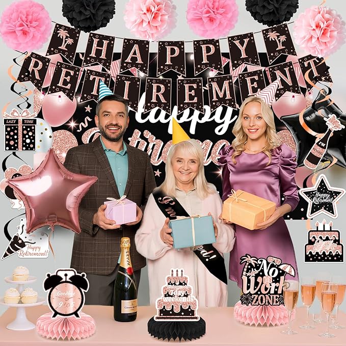 22Pcs Rose Gold Retirement Party Decorations for Women, Happy Retirement Banner, Poster, Sash, Balloons, Honeycomb Centerpieces - Retirement Party Supplies for Farewell Goodbye Party