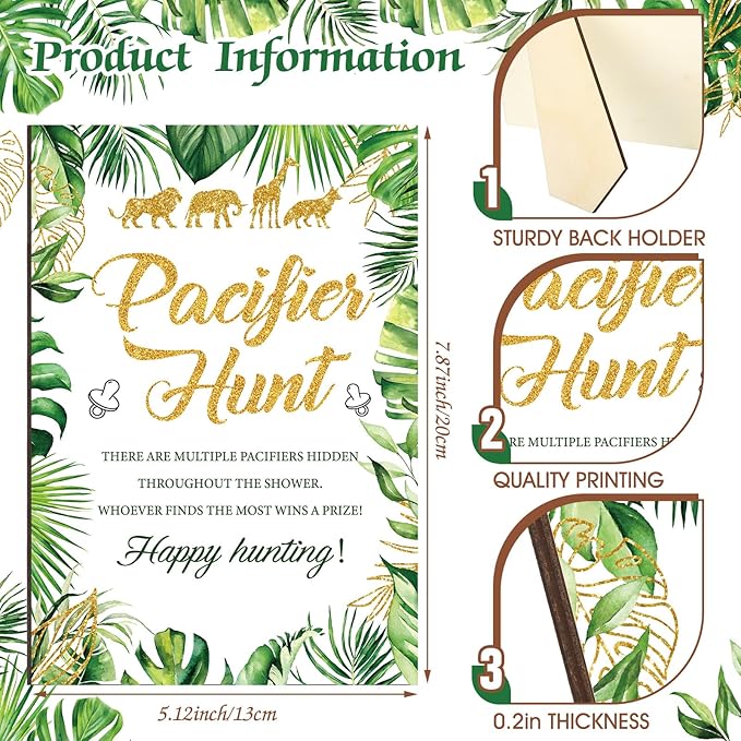 Thyle 51 Pcs Safari Jungle Animals Pacifier Hunt Baby Shower Games Include Hunt Sign and 50 Acrylic Pacifiers for Wild Animals Baby Shower Game Decoration Gift Sets Gender Reveal Party Decor