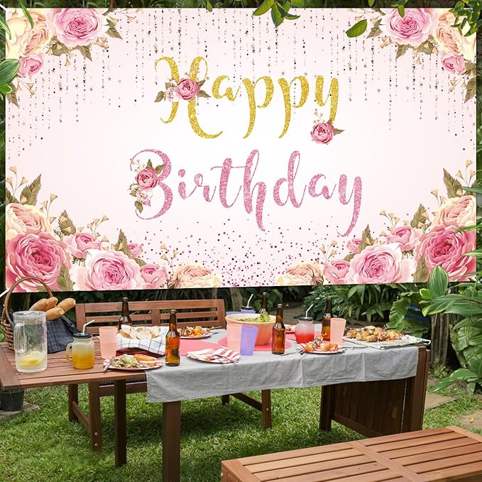 Happy Birthday Banner Pink Birthday Party Backdrop for Women Girls birthday sign Courtyard Photography Background Indoor Outdoor 71 x 47 inches