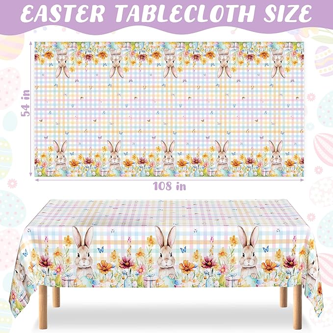 QZYL 2 Pack Easter Tablecloth Disposable, 54" x 108" Easter Decorations for Table, Plastic Table Cloths with Colorful Eggs Bunny Flower, Rectangular Spring Tablecloths for Party Decorations Supplies