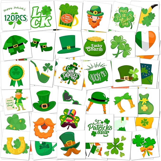 St. Patrick's Day Temporary Tattoos for Kids & Adults, 120 Irish Shamrock, Leprechaun, Gold Coins, Beer Mug Designs Waterproof & Easy to Apply Party Favors for Parade, School, Photo Booth, Cosplay