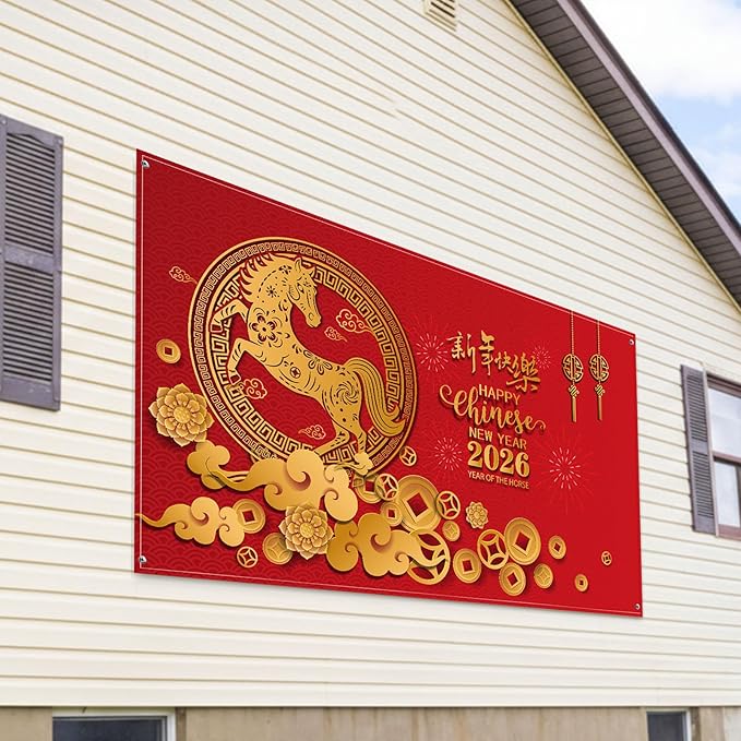 Sumind 72.8 x 43.3 Large Chinese Lunar New Year Decoration 2026 Backdrop, Year of The Horse Background Banner for Holiday Chinese Spring Festival Party