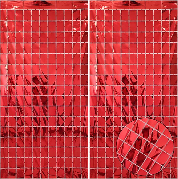 2 Pcs Red Foil Fringe Square Curtain Backdrop - Red Streamers Party Decorations, Sequin Square Curtain Photo Backdrop Props for Graduation Party Bachelorette Birthday Wedding Decor, 3.3 x 6.6 Ft