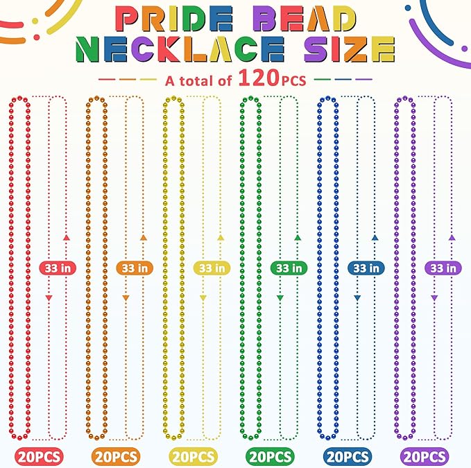120PCS Pride Month Beads, Pride 6 Kinds Beads Necklace Accessories Bulk, Rainbow Metallic Gay Lesbian LGBTQ Bead Necklace, LGBT Beaded Costumes Decorations for Parade Throws Party Favors