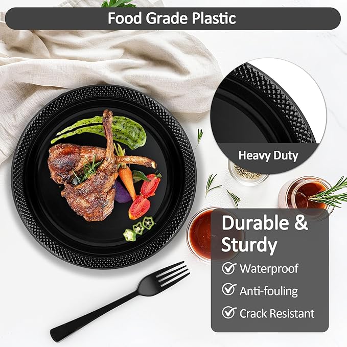 200pcs Black Plastic Party Plates Set, Disposable Black Plates and Napkins for Party, 50 Of Each 9" Dinner Plate, Napkins, Cups & Cutlery Plastic Dinnerware for Retirement, Graduation, Birthday, BBQ