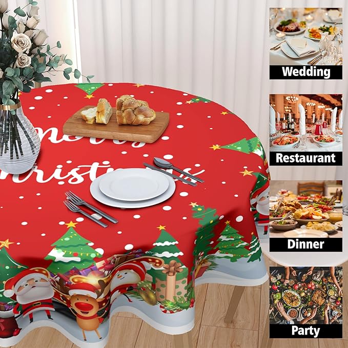 Red Merry Christmas Round Tablecloth 70 Inch Snowman Pattern Circle Table Cloth Winter Holiday Table Cover Washable Polyester Decorations for Home Kitchen Dinning Party