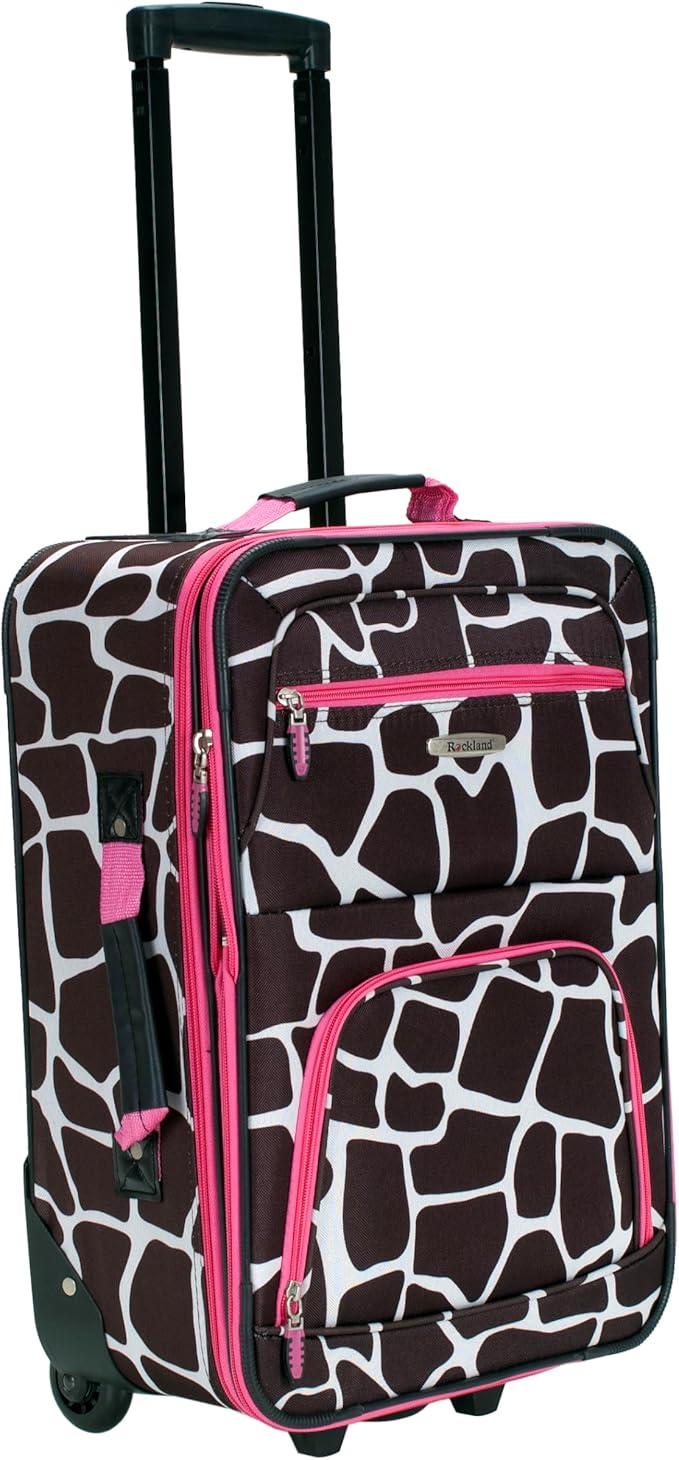 Rockland Fashion Softside 2 Piece Luggage Set, Expandable, (14" Tote/19" Upright), Pink Giraffe
