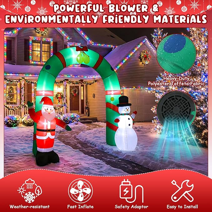 8ft Christmas Inflatable Archway Outdoor Decoration, Santa Claus and Snowman Arch Inflatable Blow up Yard Decor with Built-in LED Lights for Xmas Holiday Party Garden Lawn Decoration