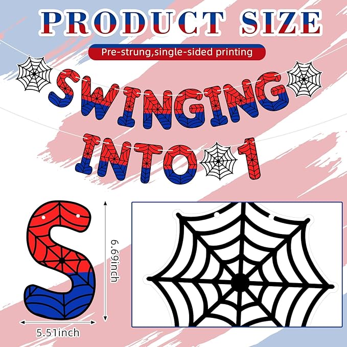 TaoBary Spider Theme 1st Birthday Banner, Pre-strung Swinging into 1 Banner, Spider 1st Birthday Decorations Party Supplies for Kids, First Decor for 1 Year Old Boys Girls(Red and Blue)