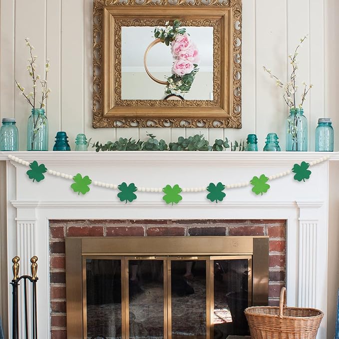 DAZONGE St. Patrick's Day Decorations, Wood Bead Shamrock Garland for St. Patrick's Day Decor, Lucky Felt Shamrock Garland for Mantel Wall Decor