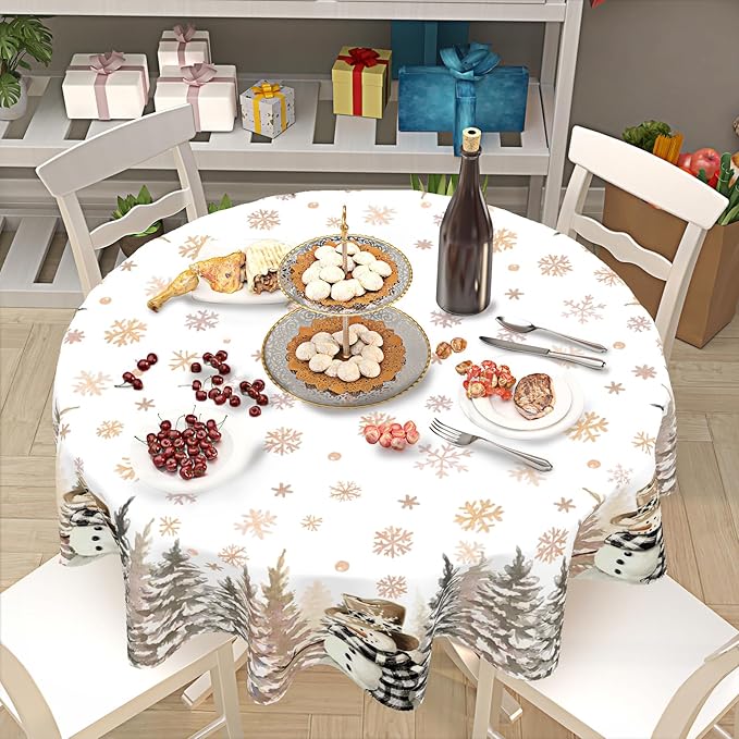 Gold Christmas Tablecloth Round 60 Inch Winter Snowman Snowflake Table Cloth Farmhouse Merry Christmas Table Cover for Kitchen Dinner Room Holiday Party Indoor Outdoor Home Winter Decor