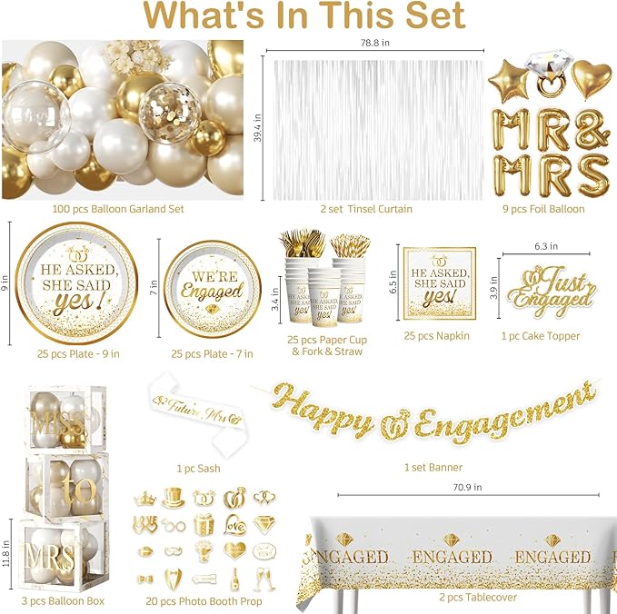 287Pcs Engagement Party Decorations, All-in-one Happy Engagement Decorations with 25 Serves Disposable Plates, 2 Pcs Waterproof Engaged Tablecloth Wedding Proposal Decorations Party Decor