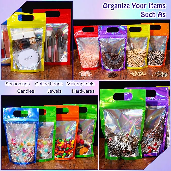120 Pcs Plastic Gift Bag Bulk Resealable Party Goodie Bag with Clear Window Color Favor Pouch with Handle for Home Birthday Wedding Party Candy Gift Wrap Supplies(Laser,5.5 x 8.7 Inch)