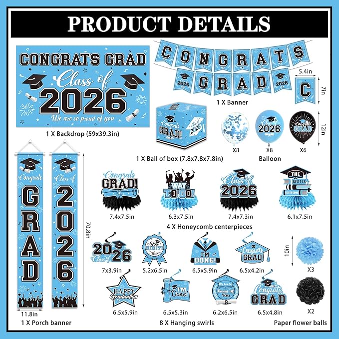Graduation Decorations 2026 Light Blue Party Decor Set with Congrats Grad Banner, Class of 2026 Backdrop, Balloons, Box & Streamers Supplies for High School & College Celebrations