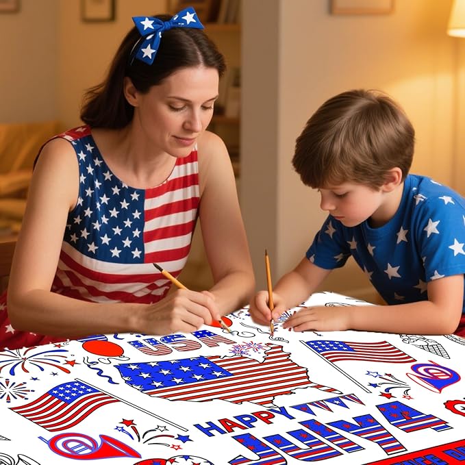 4th of July Coloring Tablecloth Patriotic Giant Poster 30x72 Inch Independence Day Coloring Poster DIY Statue of Liberty American Flag Themed, for School Classroom Wall Home Party Suppiles