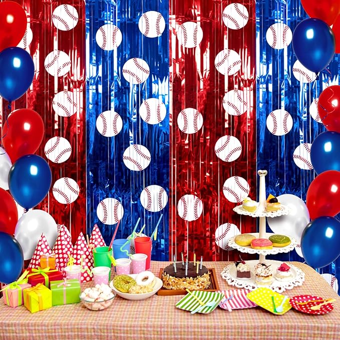 Soulchen 2 Pack Baseball Birthday Party Decorations 3.3 x 6.6 ft Baseball Backdrop Red Blue White Sports Foil Fringe Curtain Photo Props Sports Birthday Banner Party Supplies