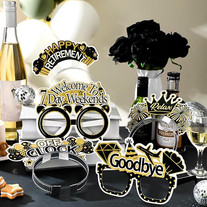 24 Pcs Retirement Party Decorations Paper Glasses and Headband Set for Men Women, Black Gold Happy Retirement Party Supplies, Funny Farewell Retired Photo Props Decor