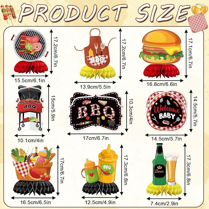 JULMELON 9PCS BBQ Baby Shower Party Decorations Honeycomb Centerpieces, 3D Double Side Summer Picnic Centerpieces for Tables Cookout BBQ Birthday Picnic Themed Party Decorations Supplies