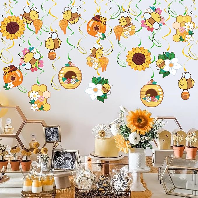 Bumble Bee Hanging Swirl Decorations, 48Pcs Bee Party Swirls Ceiling Streamers for Spring Summer Themed Party Supplies