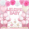 Pink Baby Shower Decorations for Girl,Welcome Baby Balloon Banner with Coquette Pink White Bow Balloons Fringe Curtains Paper Pom Poms for Baby Shower Gender Reveal Party Supplies